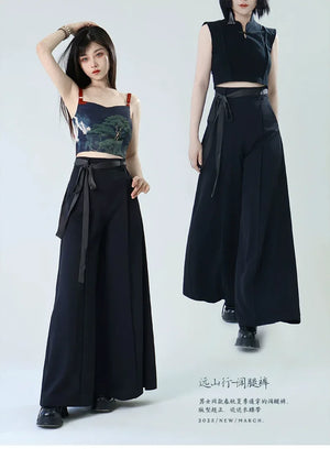 Tied Harmony – Unisex Wide-Leg Pants | New Chinese Style High-Waist Pleated Trousers with Belted Design - Yandan_Hanfu