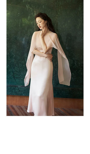 100% Acetate Mulberry Silk Modern Chinese Dress – Versatile Shawl Design, Off-Shoulder Summer Evening Gown - Yandan_Hanfu