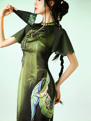 Verdant Sky Qipao – Black-Green Ombre Satin Cheongsam with Artistic Floral Print - Yandan_Hanfu