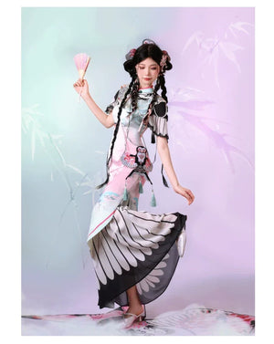 Blush Kite Qipao – Layered Faux Two-Piece Cheongsam in Modern Hanfu Style - Yandan_Hanfu