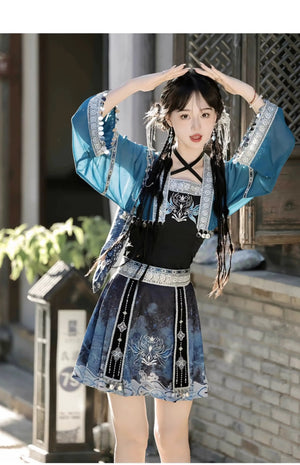 Silver Bell Hanfu Women's Han Element Improved Top Half Skirt Ancient Clothing Full Set Miao Xinjiang Exotic Style Daily - Yandan_Hanfu