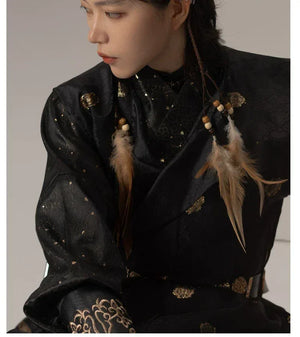 "Wujing 2.0” – Gold-Brocade Round-Collar Robe | Hanfu-Inspired Modern Jacket (Spring/Autumn) - Yandan_Hanfu