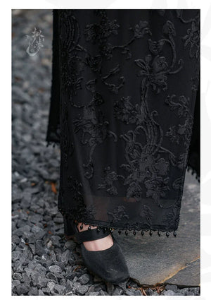 Silent Fragrance – Velvet Beaded Sleeveless Floor-Length Qipao with New Chinese Style Blazer - Yandan_Hanfu