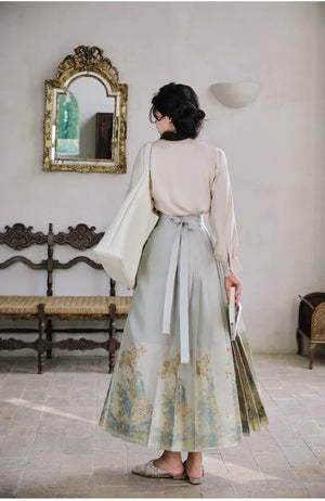 Yu Bai Green & Pink Hanfu Weaving Gold Horse Dress Crane Symphony - Yandan_Hanfu