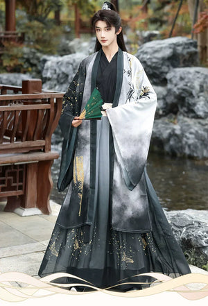 Golden Steps – Ink Bamboo & Butterfly Traditional Hanfu | Unisex Wei-Jin & Song Style Cross-Collar Wide-Sleeve Set - Yandan_Hanfu