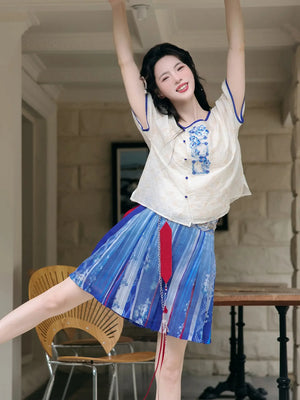 Moonlit Blossoms – Tang Dynasty Inspired Summer Hanfu with Embroidered Round Collar Top & Flowing Skirt - Yandan_Hanfu