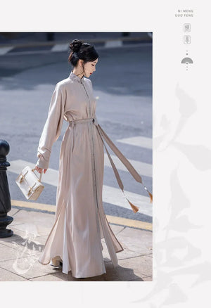 New Chinese style | Everyday stand-up collar dress shirt long skirt - Yandan_Hanfu