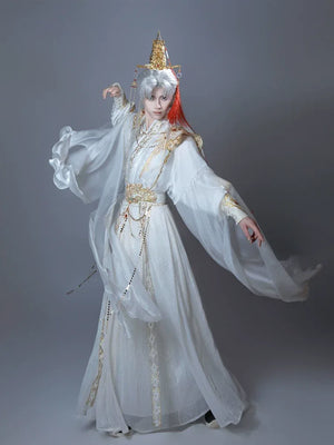 【Radiance of the Dragon】 White Hanfu Ensemble with Cross-Collar, Clouded Shoulders & Embroidered Seal men Unisex - Yandan_Hanfu