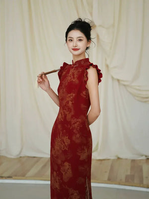 Lotus Step – Red Mermaid Qipao for Wedding, Engagement & Tea Ceremony - Yandan_Hanfu