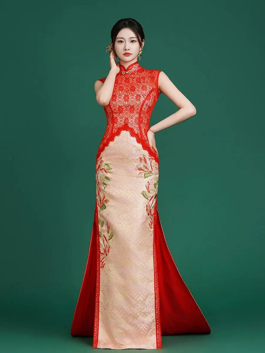 Imperial Red – Luxury New Chinese Style Sleeveless Qipao for Runway & Red Sleeveless Jacquard Trailing / XXXL Imperial Red – Luxury New Chinese Style Sleeveless Qipao for Runway & Red Sleeveless Jacquard Trailing / XXXL