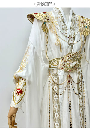 【Radiance of the Dragon】 White Hanfu Ensemble with Cross-Collar, Clouded Shoulders & Embroidered Seal men Unisex - Yandan_Hanfu