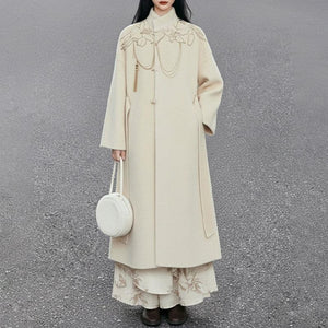 Lily Whisper – White Long Coat | Ivory Embroidered Warm High-Neck Outerwear for Everyday Elegance - Yandan_Hanfu