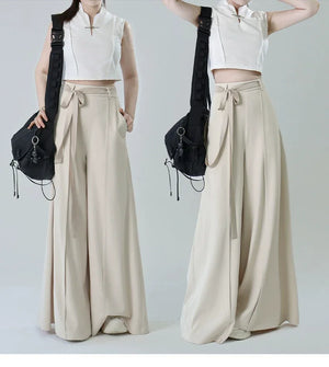 Tied Harmony – Unisex Wide-Leg Pants | New Chinese Style High-Waist Pleated Trousers with Belted Design - Yandan_Hanfu