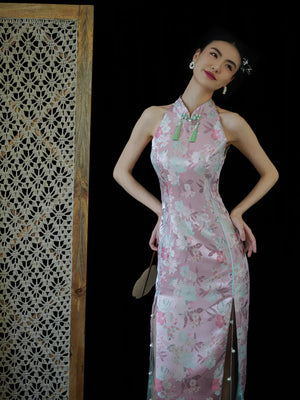 "Pink Bell" Pink Jacquard Bell Cheongsam/Qipao Shawl Bridal Dress - Yandan_Hanfu