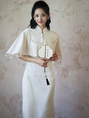 "Xi Zhu" White Dark Pattern Tassel Shawl Cheongsam Bride Wedding Dress Engagement - Yandan_Hanfu