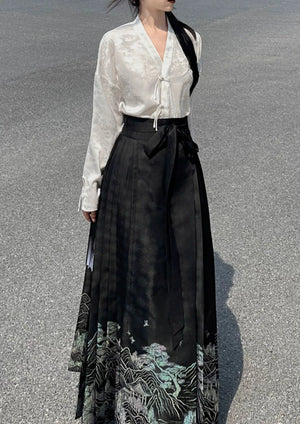 Explore modern elegance with our Black & White Shirt Women's Horse Face Skirt Suit. This ensemble blends traditional Hanfu design with contemporary flair, featuring intricate embroidery and authentic details. Embrace the timeless beauty of Hanfu fashion and make a statement with your unique style.