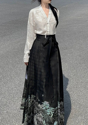 New Chinese Style | Black & White Shirt Women's Horse Face Skirt Suit - Yandan_Hanfu