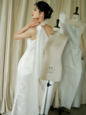 "Pianrou" White Jacquard Ribbon Morning Gown Knot Bridal Toast Dress Engagement Banquet Bar Mitzvah - Yandan_Hanfu
