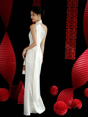 "Pianrou" White Jacquard Ribbon Morning Gown Knot Bridal Toast Dress Engagement Banquet Bar Mitzvah - Yandan_Hanfu