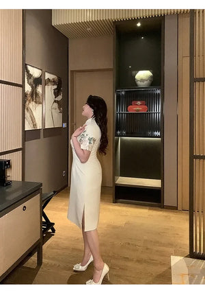 New Chinese style champagne embroidered plus size long cheongsam/qipao skirt - Yandan_Hanfu