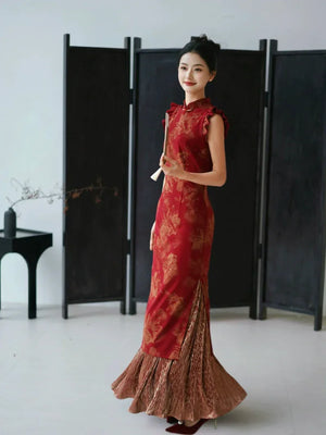 Lotus Step – Red Mermaid Qipao for Wedding, Engagement & Tea Ceremony - Yandan_Hanfu