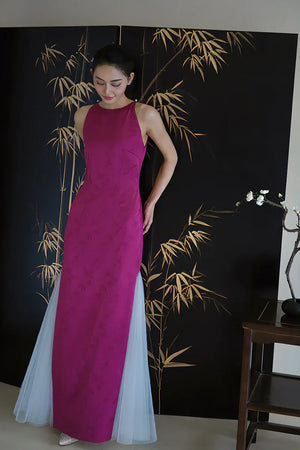 "Rose Hairpin" Dragon Fruit Color Piece Cheongsam Bridal Wedding Dress Engagement - Yandan_Hanfu