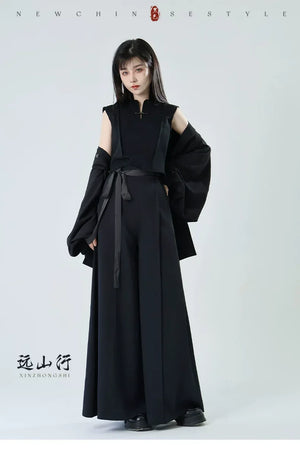 Tied Harmony – Unisex Wide-Leg Pants | New Chinese Style High-Waist Pleated Trousers with Belted Design - Yandan_Hanfu