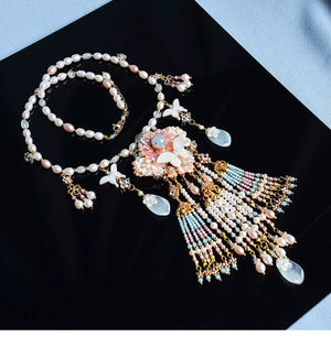 Butterfly Shell & Aquamarine Pearl Necklace – Hanfu Yingluo Accessory with Original Design - Yandan_Hanfu