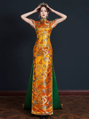 Runway Elegance – Luxury New Chinese Style Mermaid Train Gold Qipao Evening Gown - Yandan_Hanfu