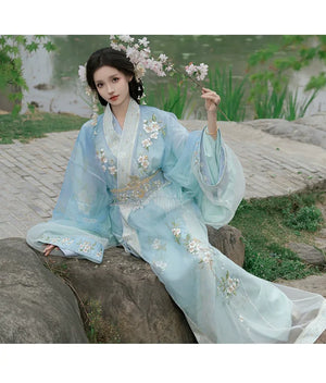 Blue Pear Blossom Moonlight – Traditional Hanfu Robe with Embroidered Jacquard Train - Yandan_Hanfu
