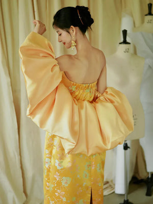 "Yunjing" yellow jacquard pregnant woman cheongsam bride toast dress - Yandan_Hanfu