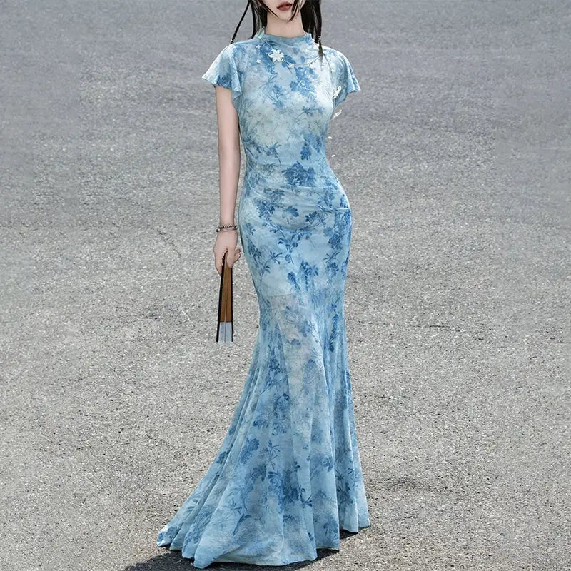Azure Porcelain – Blue Velvet Mermaid Dress | New Chinese Style Gown with Sheer Mesh and French Elegance