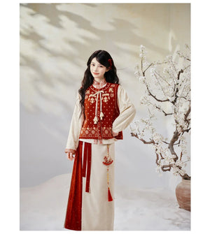 Sui’an – Winter Knit Set | Hanfu-Inspired Bijia Vest with Bow-Sleeve Top and Flowy Skirt - Yandan_Hanfu