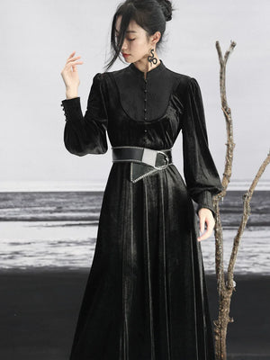New Chinese Style | Black Lace Dress Women's Stand-up Collar Waist Slimming Long Skirt - Yandan_Hanfu