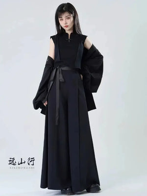 Tied Harmony – Unisex Wide-Leg Pants | New Chinese Style High-Waist Pleated Trousers with Belted Design - Yandan_Hanfu
