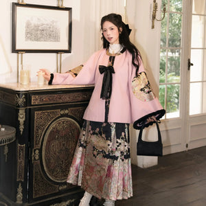 Spring Mountain Dragon – New Chinese Style Hanfu Set | Brocade Ma Mian Skirt with Embroidered Cape and Floral Gold Weave - Yandan_Hanfu