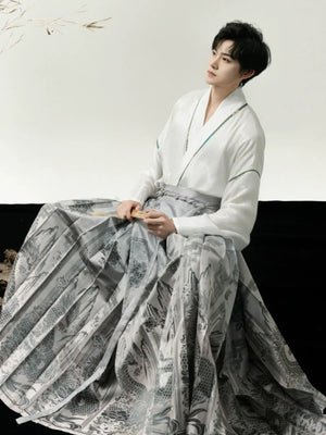 Unisex Modern Grey Hanfu Set – Cross-Collar Jacket with Brocade Ma Mian Skirt - Yandan_Hanfu