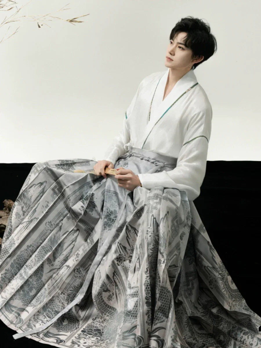 Unisex Modern Grey Hanfu Set – Cross-Collar Jacket with Brocade Ma Mian Skirt - Yandan_Hanfu