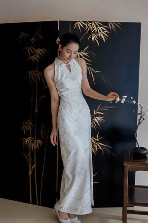 "Qianzhi" white embroidered shawl showing thin backless cheongsam bride wedding dress toast engagement - Yandan_Hanfu