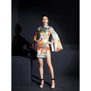 Phoenix jacquard, stand-up collar disc-buckled split cheongsam - Yandan_Hanfu