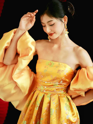 "Yunjing" yellow jacquard pregnant woman cheongsam bride toast dress - Yandan_Hanfu