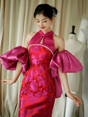 "Chuni" dragon fruit color jacquard cheongsam bride - Yandan_Hanfu