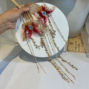 Dunhuang Princess Headpiece Set – Exotic Red Tassel Hair Accessories for Hanfu & Oriental Dance - Yandan_Hanfu