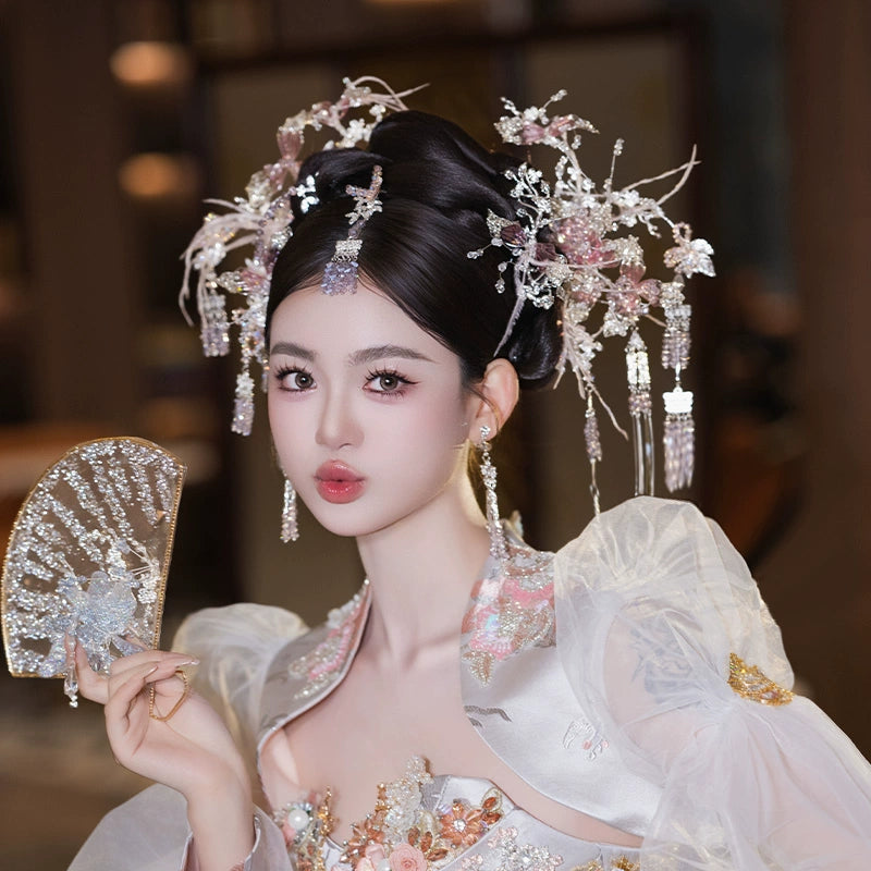 Silver Pink Chinese Bridal Hairpin Set – Elegant Crystal Headpiece for Hanfu & Qipao Wedding
