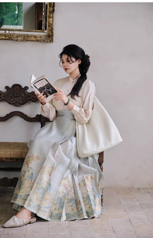 Yu Bai Green & Pink Hanfu Weaving Gold Horse Dress Crane Symphony - Yandan_Hanfu