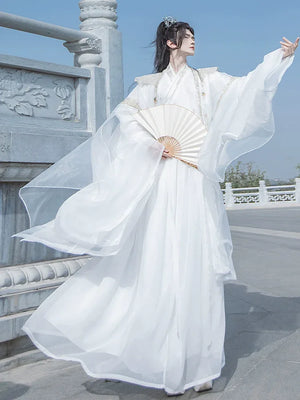 Cloud Collar Elegance – Unisex White Embroidered Modern Hanfu | Flowing Wide-Sleeve Wei-Jin Style Outfit - Yandan_Hanfu