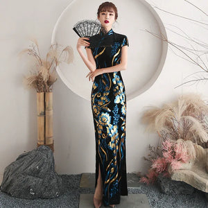Floral pattern, long jacquard silk-satin cheongsam - Yandan_Hanfu