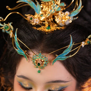 Song of the Peacock Plume – Gold-Plated Hanfu Headdress Set with Tassels & Crown Ornament - Yandan_Hanfu