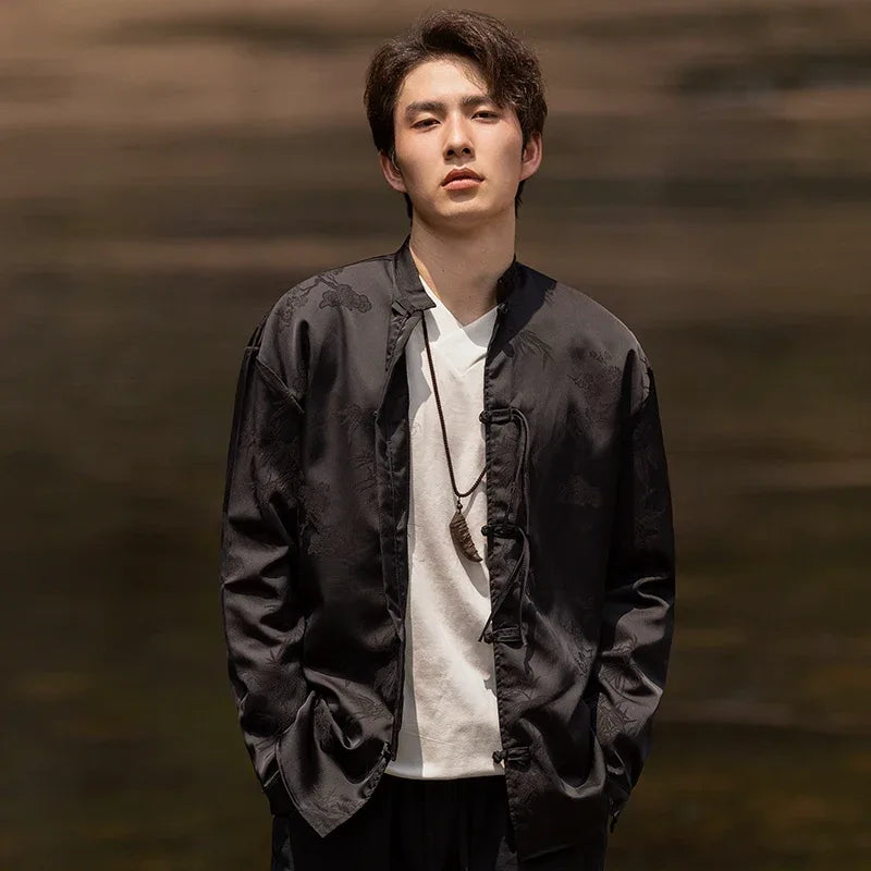 Bamboo leaf print disc buckle Tang suit men's retro Chinese style shirt - Yandan_Hanfu