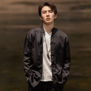 Bamboo leaf print disc buckle Tang suit men's retro Chinese style shirt - Yandan_Hanfu